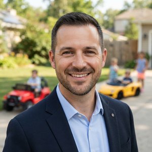 Outdoor play safety consultant beside a kids ride-on vehicle