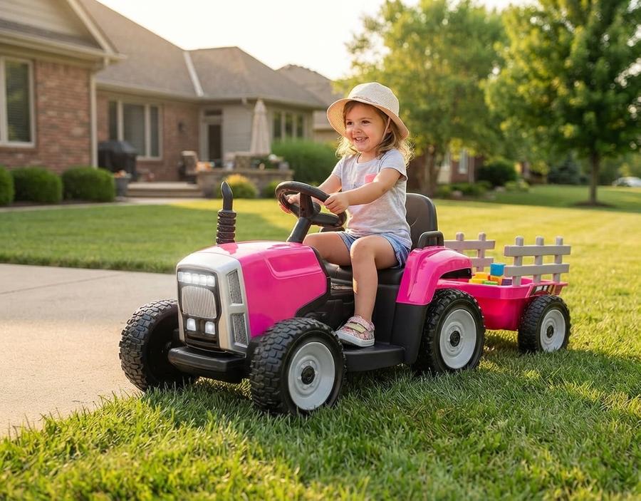 12V Electric Tractor with Trailer, Rose