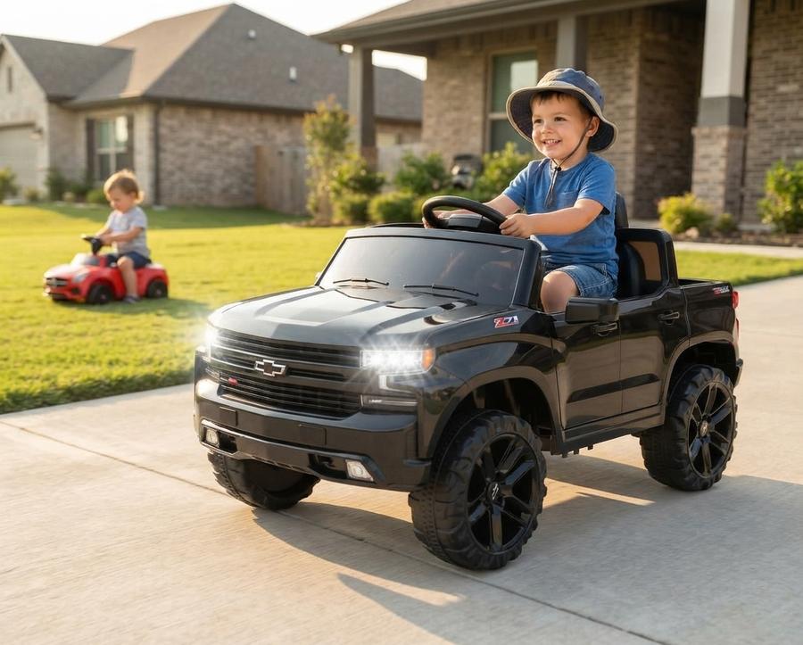 Licensed Chevrolet Silverado 12V Ride-On Truck in use outdoors