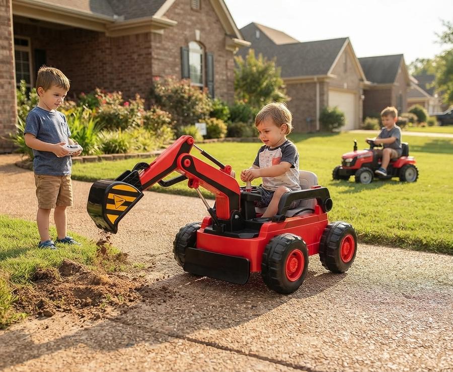 12V Ride-On Excavator Digger Truck, Red